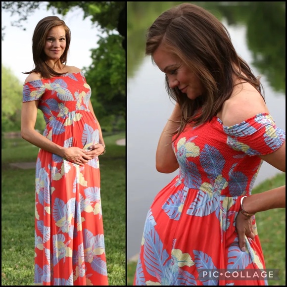 Lulu’s Coral Tropical Print Smocked Bodice Side Slit Maxi Dress - Picture 8 of 13